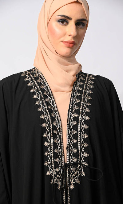 Sophisticated Embroidery and Handcrafted Black Kaftan inspired Shrug with Lining - EastEssence.com