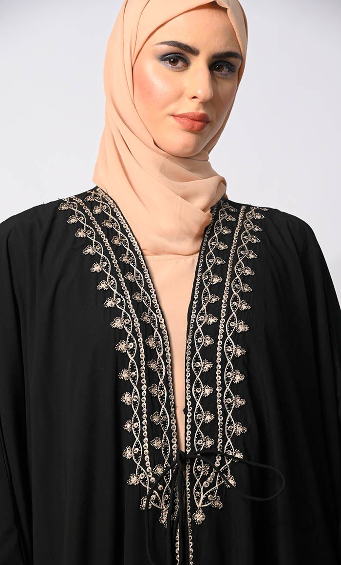 Sophisticated Embroidery and Handcrafted Black Kaftan inspired Shrug with Lining - EastEssence.com