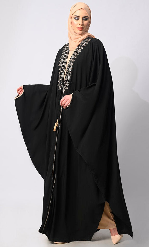 Sophisticated Embroidery and Handcrafted Black Kaftan inspired Shrug with Lining - EastEssence.com