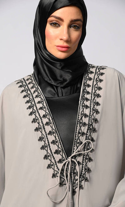 Sophisticated Embroidery and Handcrafted Grey Kaftan inspired Shrug with Lining - EastEssence.com