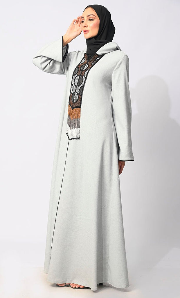 Subdued Hues: Muted Bead handwork Hooded Abaya with Tassels - EastEssence.com