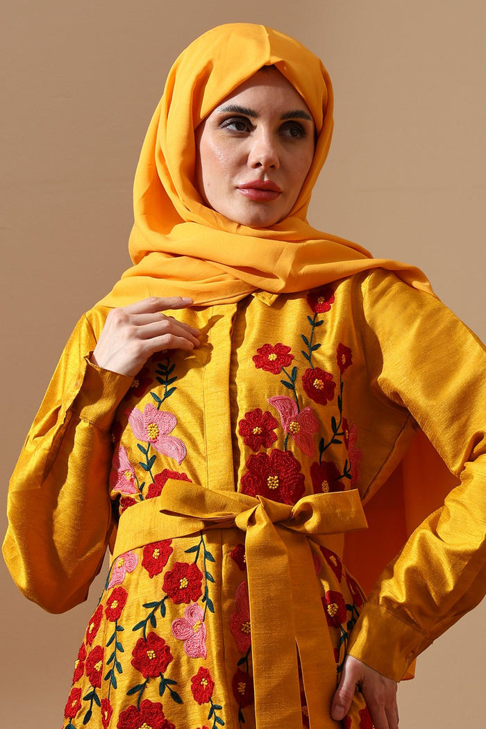 Sunshine Bloom Embroidered Belted Abaya - EastEssence.com