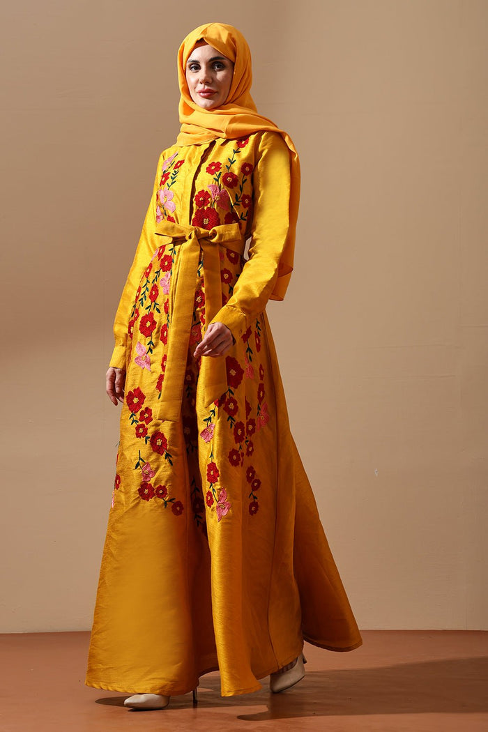 Sunshine Bloom Embroidered Belted Abaya - EastEssence.com