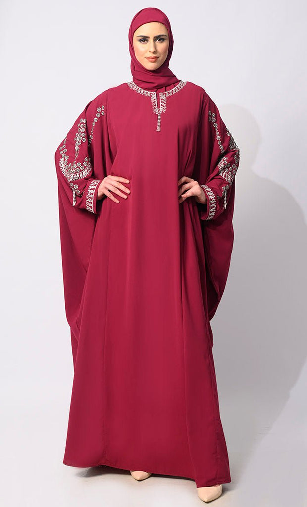 Traditional Arabian Maroon Farasa Adorned with Sitara Work and Machine Embroidery - EastEssence.com