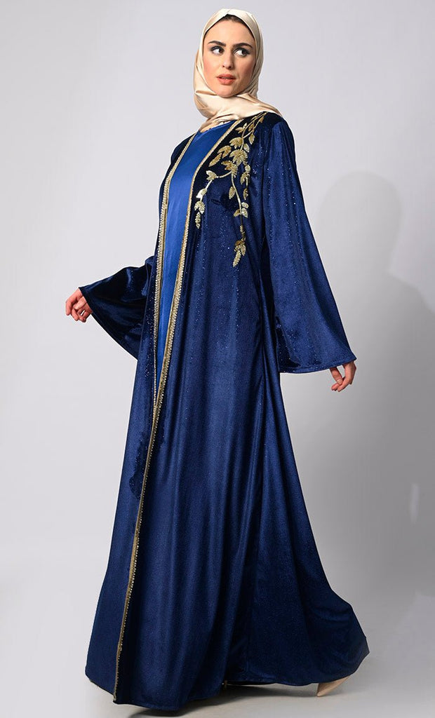 Velvet Dreams: Elegant Royal Blue Handwork Shrug with Lining - EastEssence.com