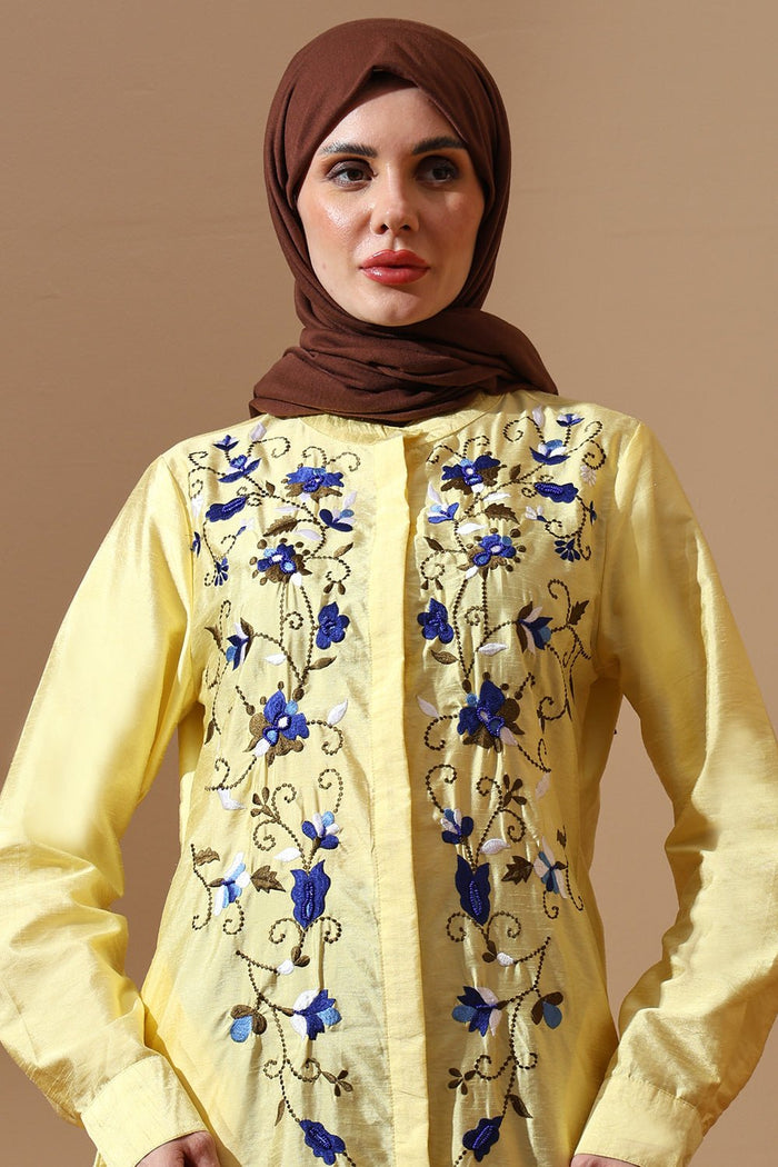 Yellow Embroidered Abaya with Blue Floral Detailing - EastEssence.com