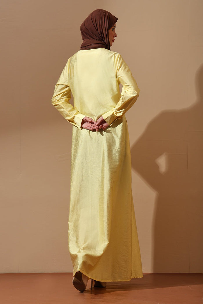 Yellow Embroidered Abaya with Blue Floral Detailing - EastEssence.com