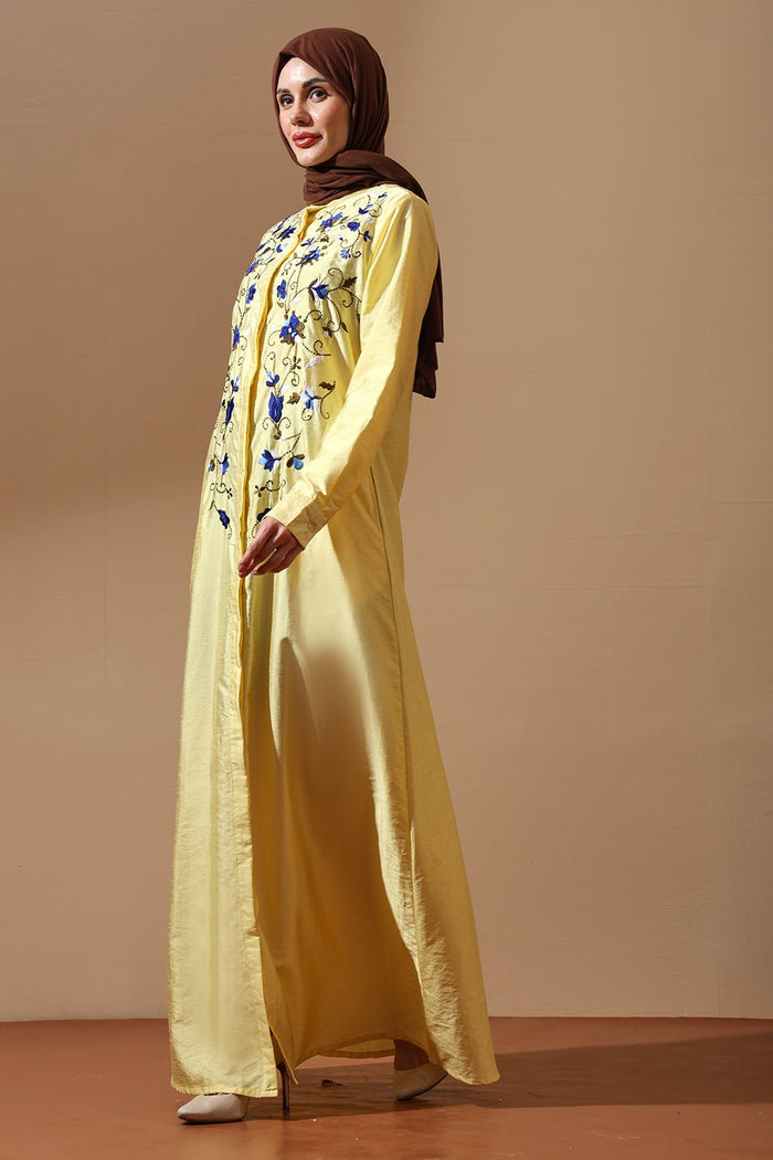 Yellow Embroidered Abaya with Blue Floral Detailing - EastEssence.com