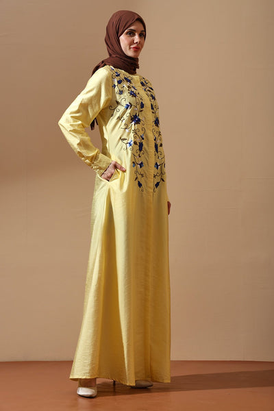 Yellow Embroidered Abaya with Blue Floral Detailing - EastEssence.com