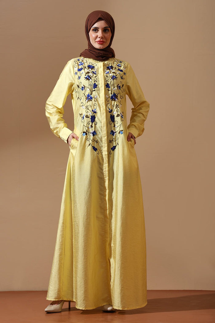 Yellow Embroidered Abaya with Blue Floral Detailing - EastEssence.com
