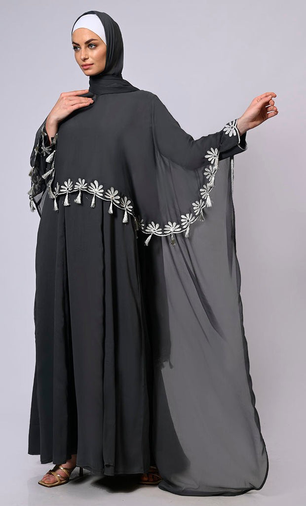 2 Pc Cape style Embroidered Grey Abaya with Scalloped Edges and Tassels Detailing - EastEssence.com