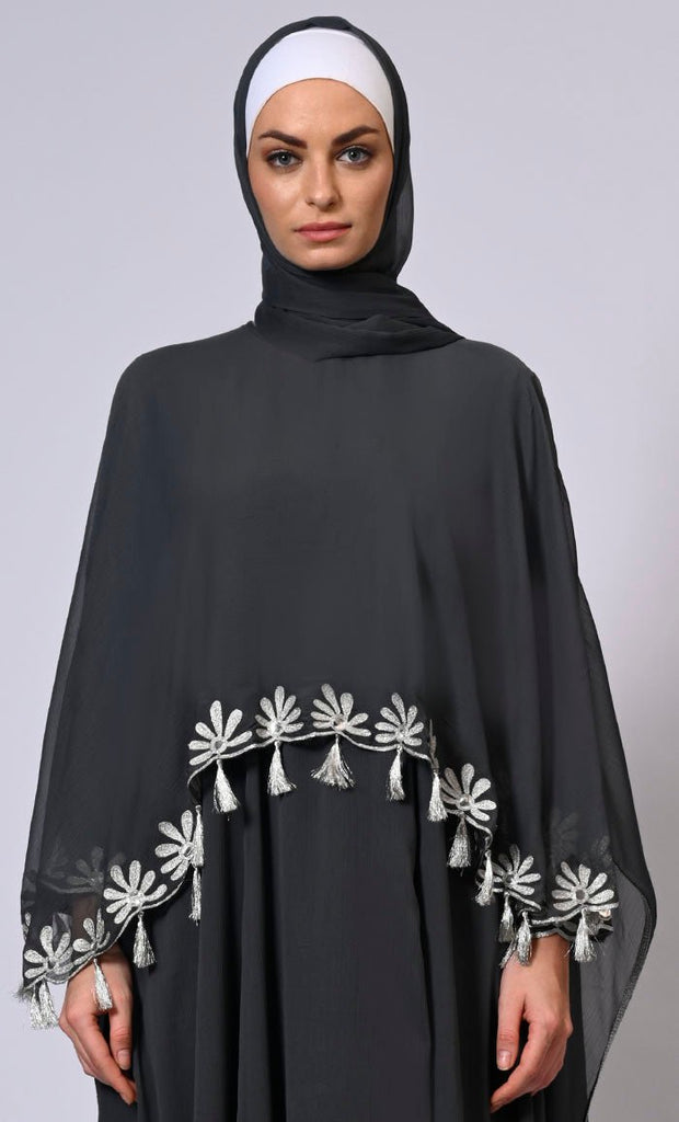 2 Pc Cape style Embroidered Grey Abaya with Scalloped Edges and Tassels Detailing - EastEssence.com