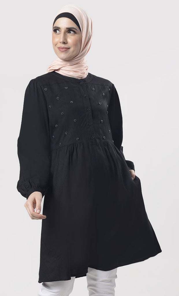 Amazing Black Hand Work Embroidered Front Open Button Tunic - EastEssence.com