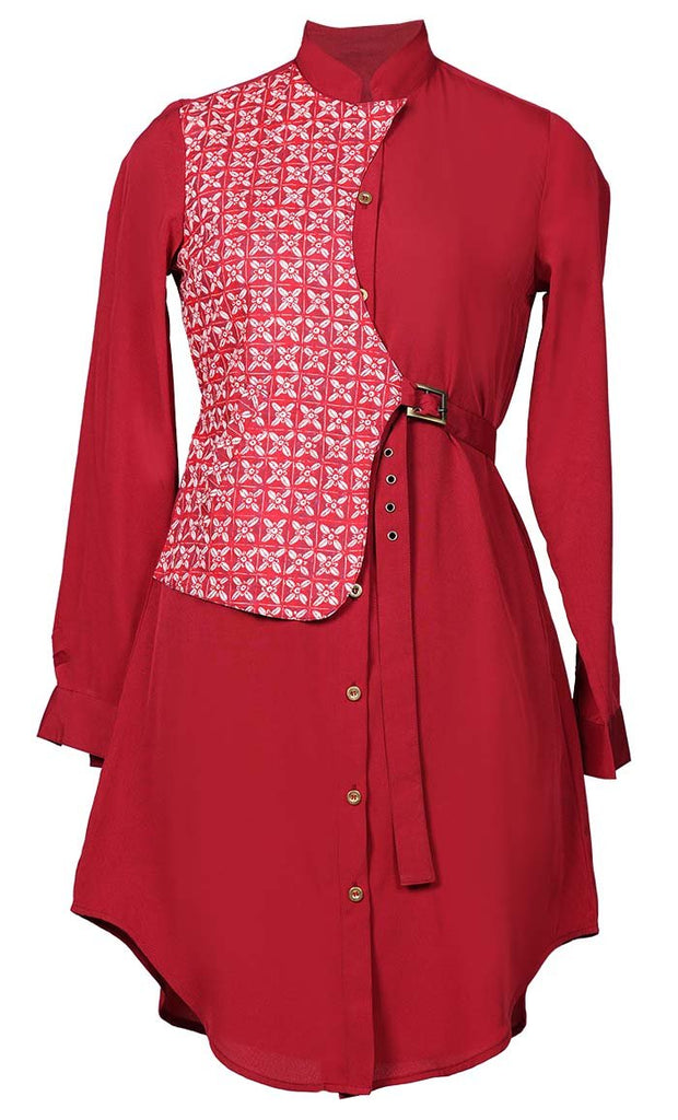 Amazing Half Waist Coat Style Button Down Red Tunic