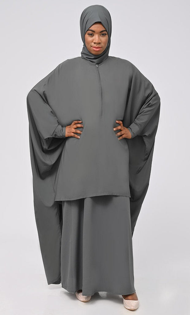 Asr Modest Grey Double Layer Prayer Dress For Women (2Pcset +Hijab ) - EastEssence.com