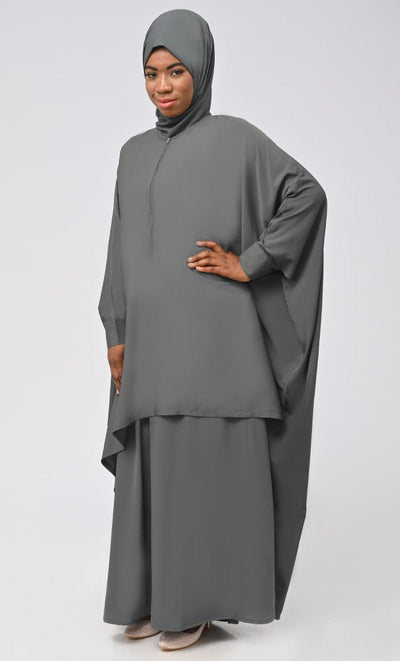 Asr Modest Grey Double Layer Prayer Dress For Women (2Pcset +Hijab ) - EastEssence.com