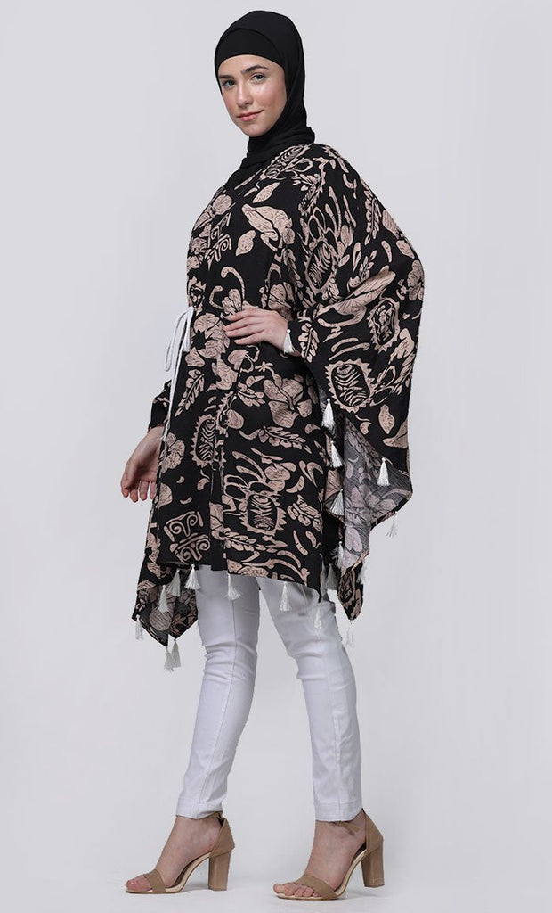 Basic Everyday Wear Printed Floral Tunic With Contrasted Tessels And Dori - EastEssence.com