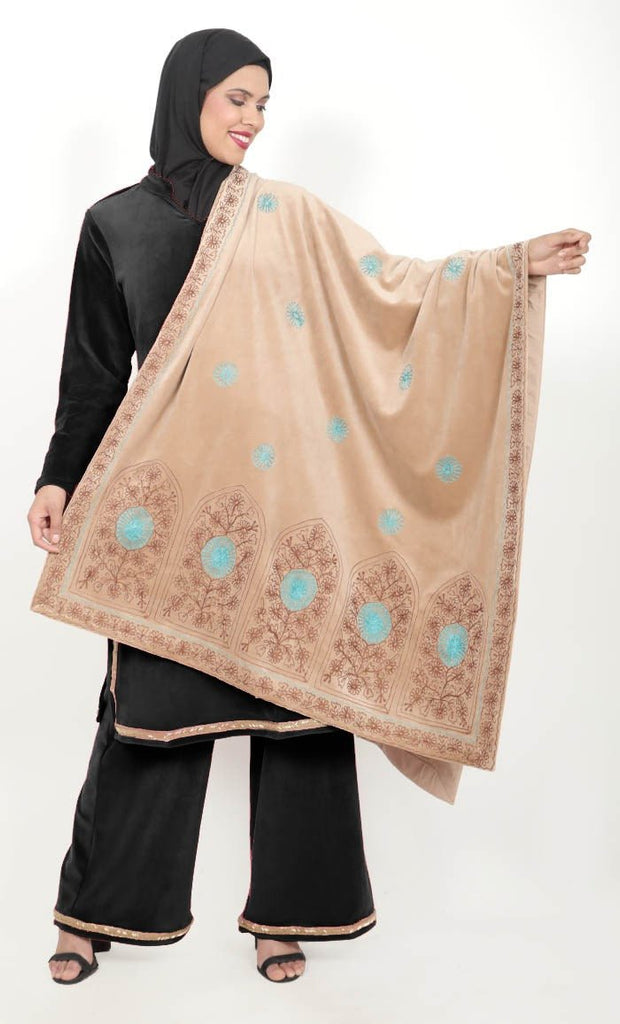 Beautiful Kashmiri Style Aari Work Detailing Shawl - Length:- 105"Inch, Width:- 40"Inch - EastEssence.com