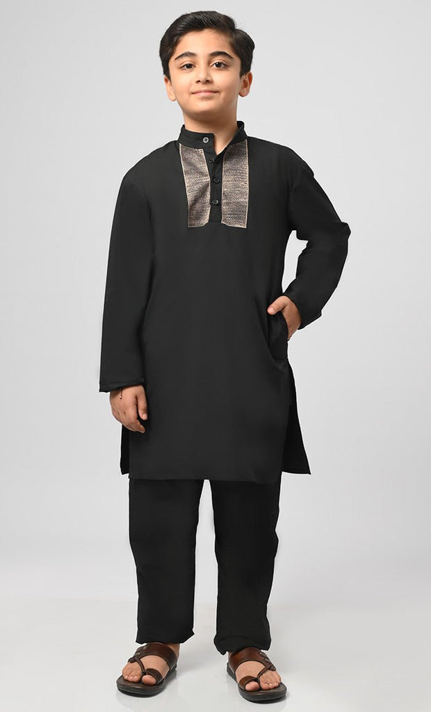 Muslim Boys Black Kurta Pajama Set