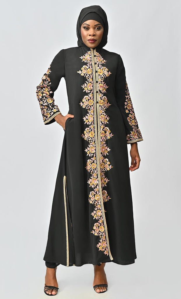Black Islamic Designer Nida Machine And Hand Embroidered Abaya - EastEssence.com