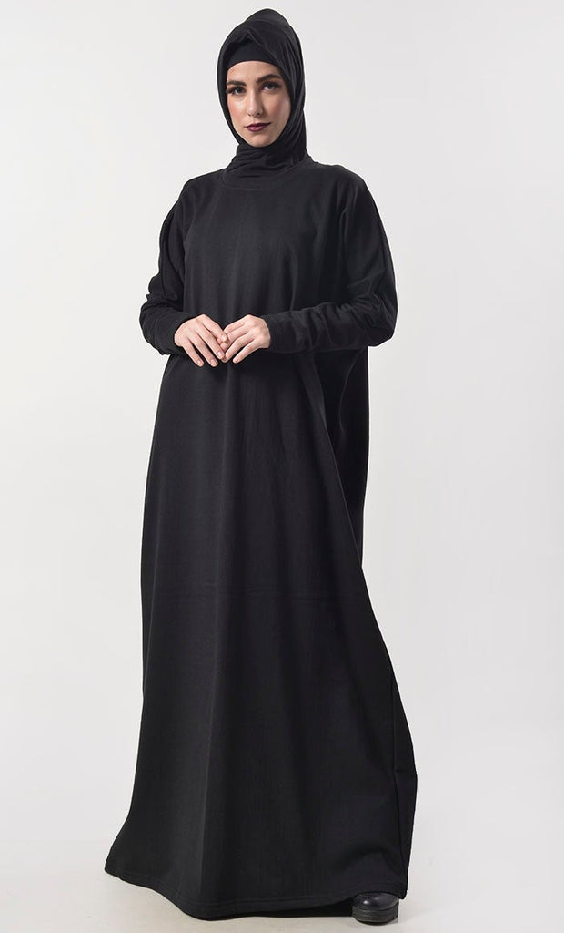 Black Modest Fleece Abaya With Pockets