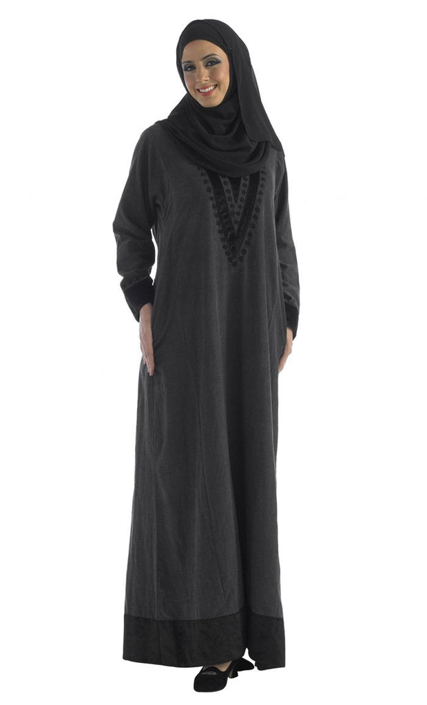 Black Thread Embroidered A Line Abaya Dress - EastEssence.com