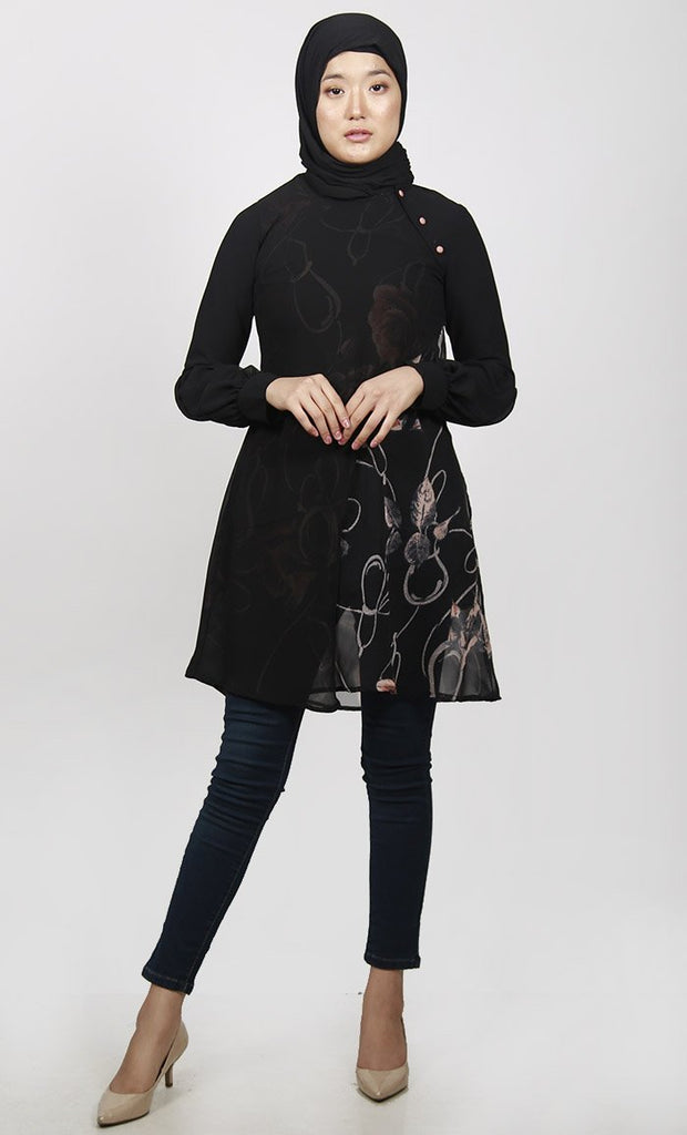 Black Two Layered Abstract Printed Georgette Tunic