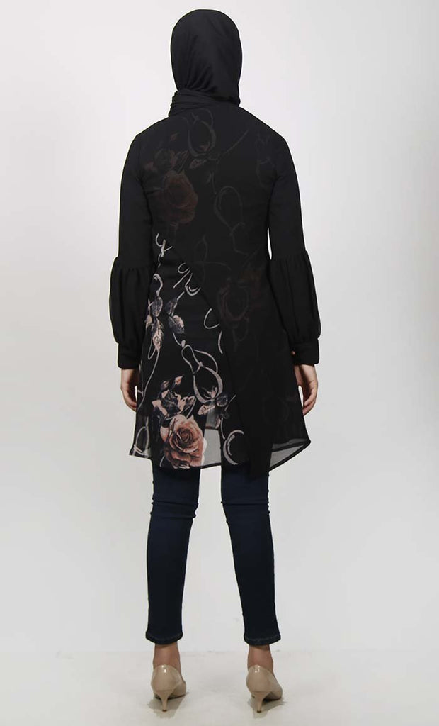 Black Two Layered Abstract Printed Georgette Tunic