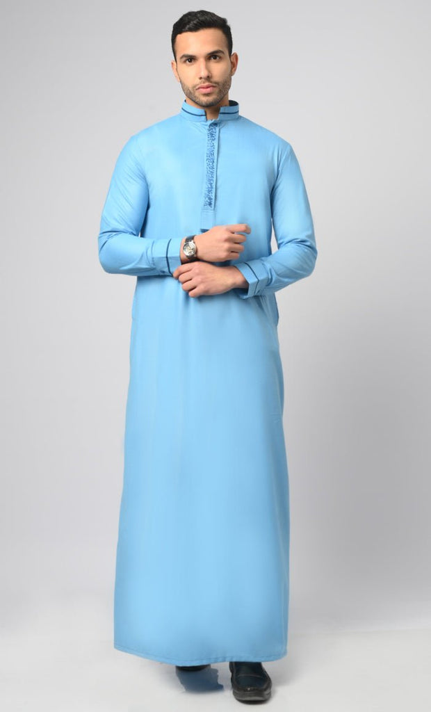 Blue Formal Modern Thobe / Jubba With Contrasting Dark Blue Embroidered Detail - EastEssence.com