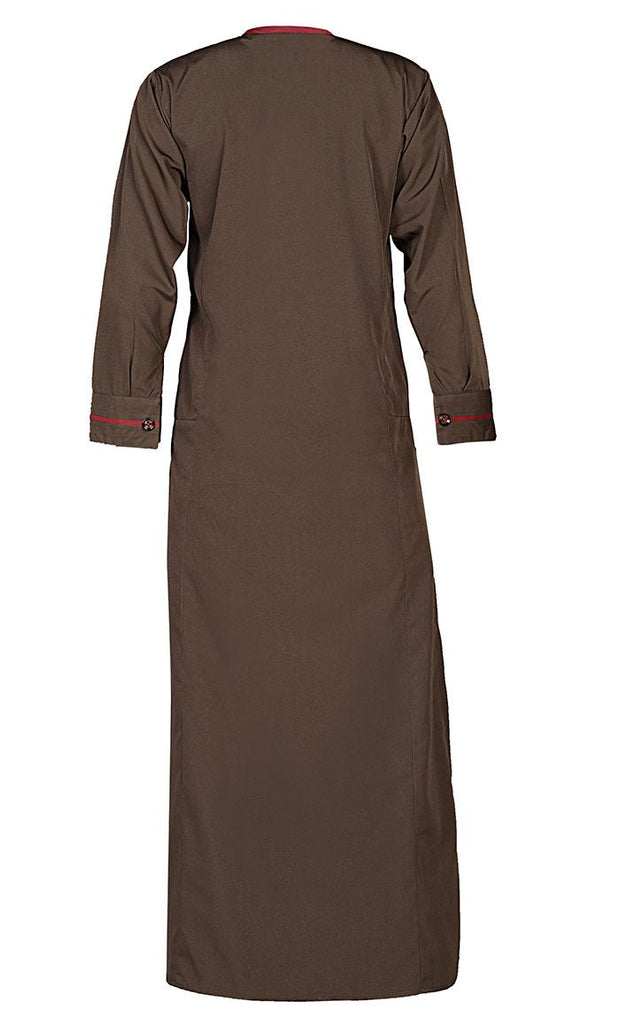 Boys Islamic Brown Uniform Thobe With Maroon Crepe Detailing On Placket And Pocket - EastEssence.com