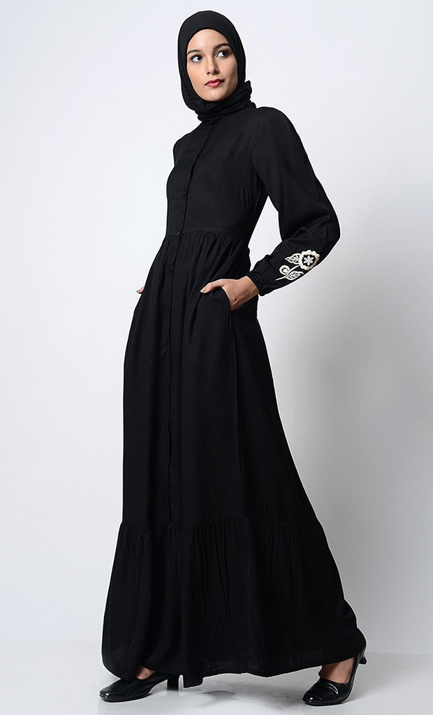 Bright Floral Embroidered Front Open Abaya - EastEssence.com