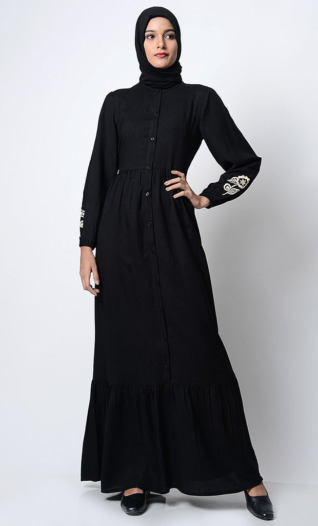 Bright Floral Embroidered Front Open Abaya - EastEssence.com