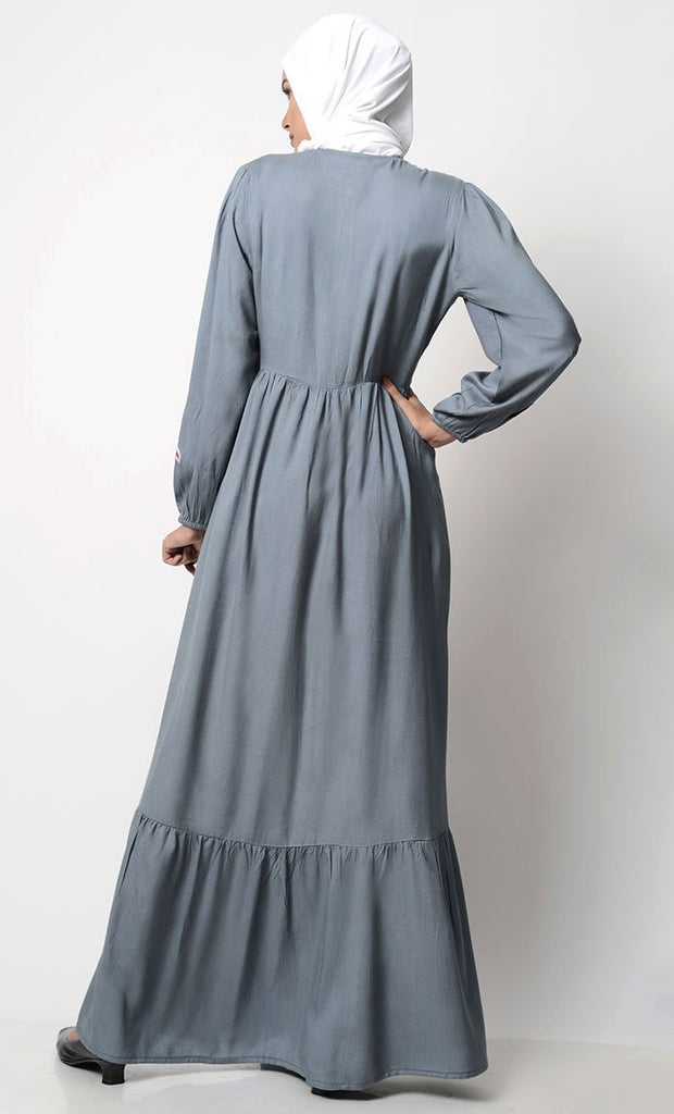 Bright Floral Embroidered Front Open Abaya-Gray - EastEssence.com