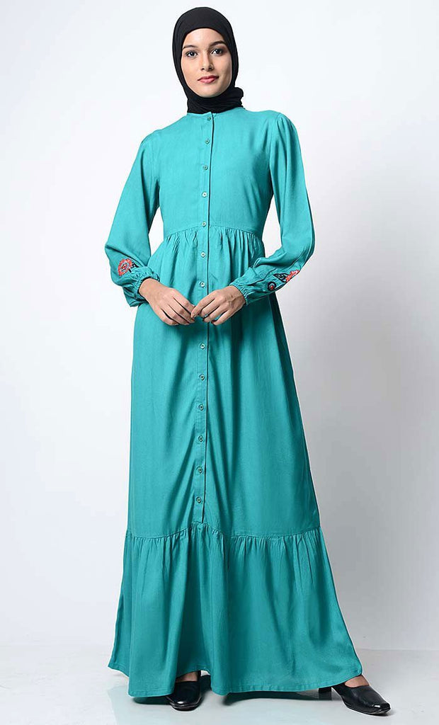 Bright Floral Embroidered Front Open Abaya