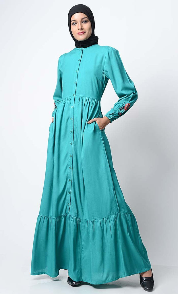 Bright Floral Embroidered Front Open Abaya-Teal - EastEssence.com