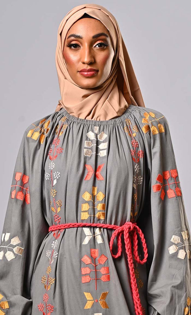 Burma Inspired Bohemian Machine-Embroidered Heavy Abaya with braided belt - EastEssence.com