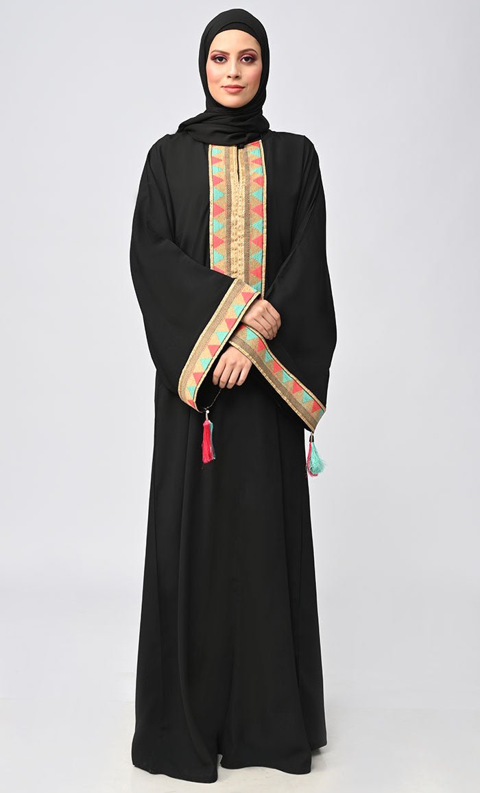 Modest Nida Abaya Zip Front, Embroidered Sleeves