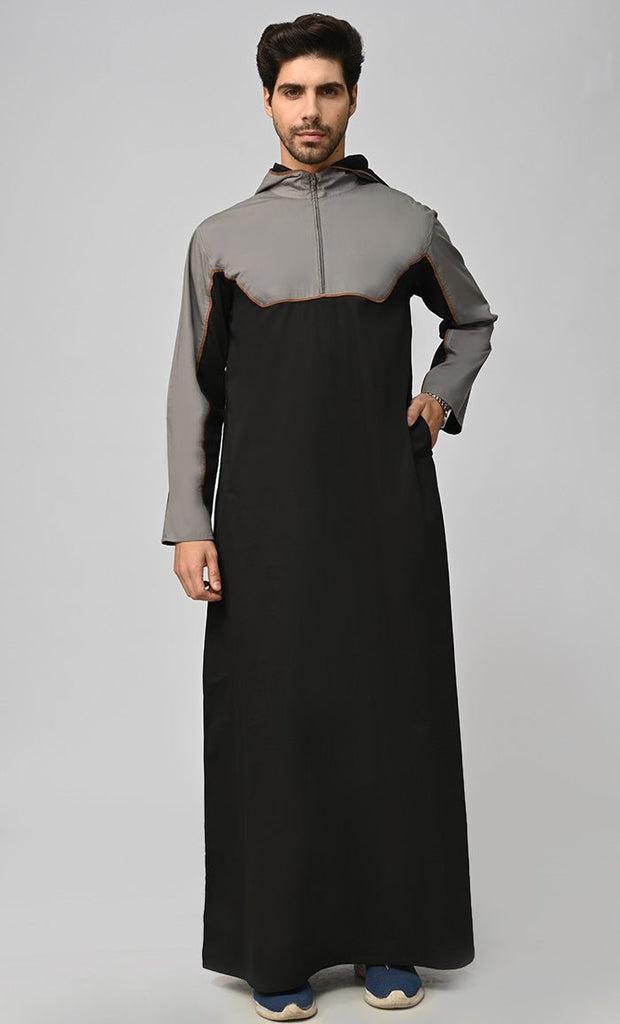 Buy Mens Islamic Grey Contrasted Thobe/Jubba With Pockets And Hood - EastEssence.com