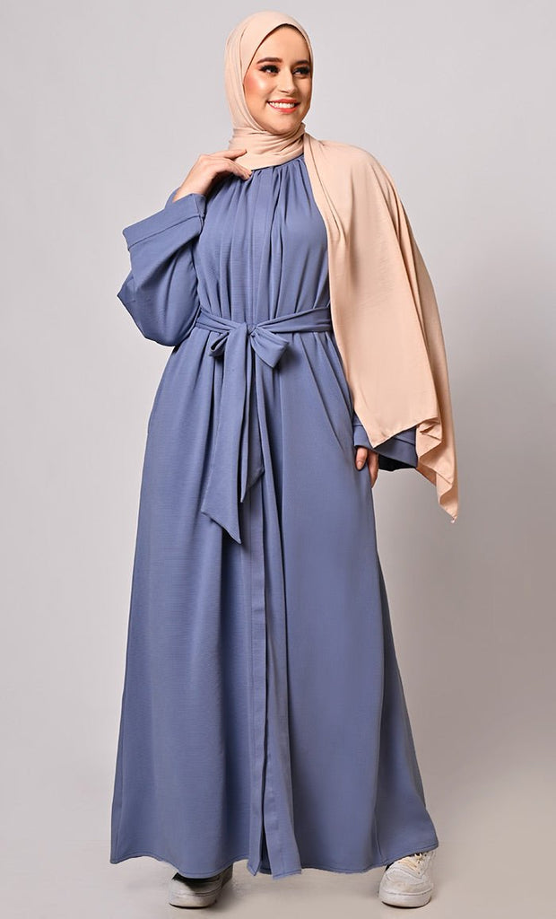 Chic Pleats and Belt: Blue Abaya with Pockets - EastEssence.com