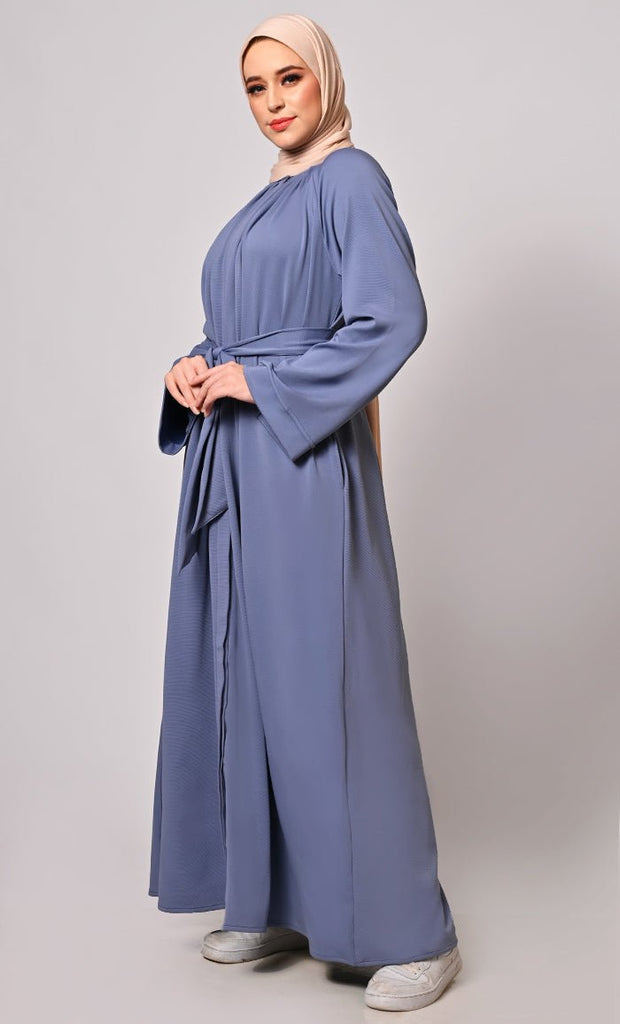Chic Pleats and Belt: Blue Abaya with Pockets - EastEssence.com