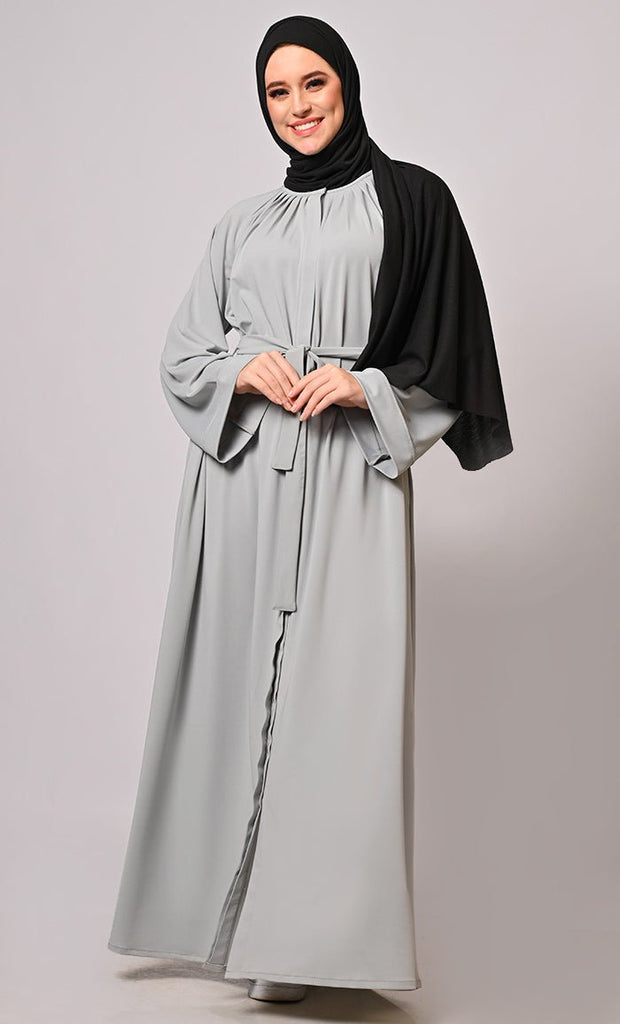 Chic Pleats and Belt: Grey Abaya
