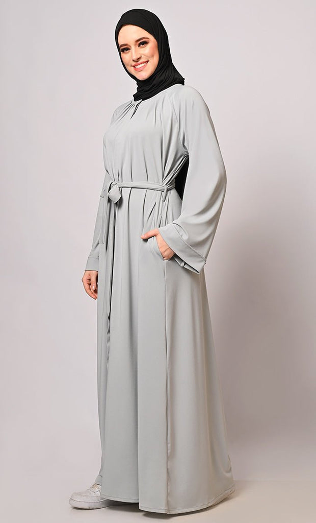 Chic Pleats and Belt: Grey Abaya