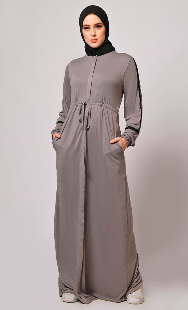 Classic Grey Abaya with Front Button Closure and Pockets - EastEssence.com