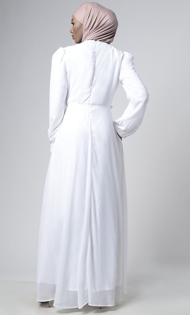 Classic White Puff Sleeve Everyday Abaya - EastEssence.com
