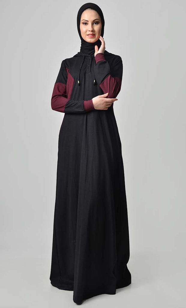 Comfy Color Contast Jersey Abaya Black