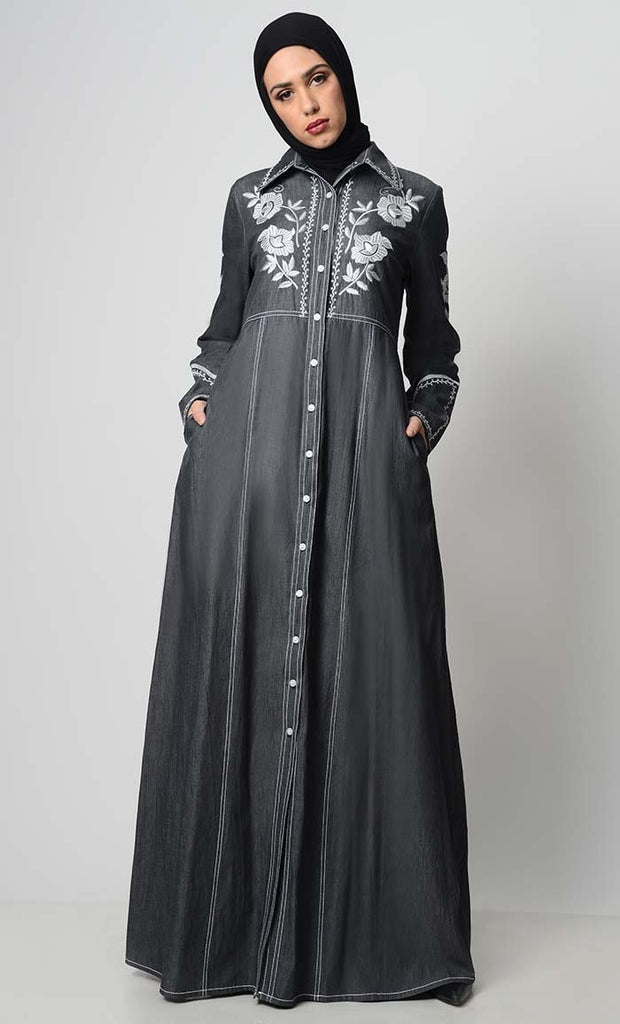 Contrast Embroidered Denim Abaya