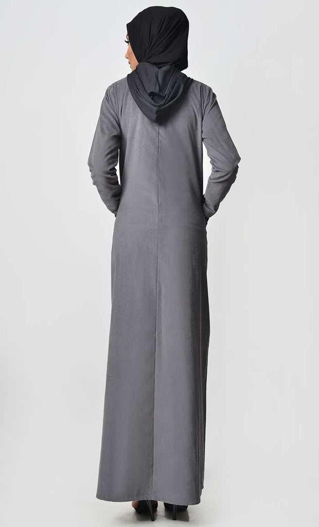 Contrast Stripe & Hood Detail Abaya Dress - Grey - EastEssence.com