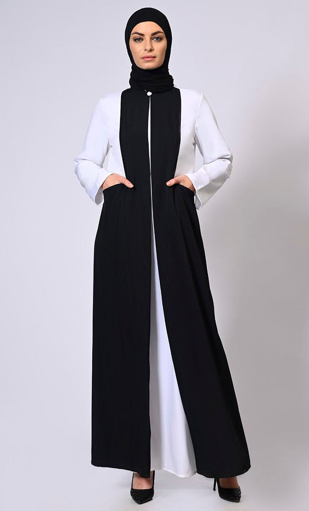 Double Layered Black Abaya with Sequined Yoke and Front Pockets - EastEssence.com