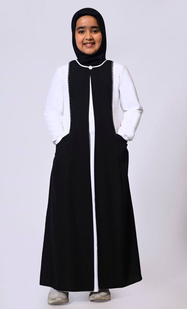 Double Layered Girl's Black Abaya with Sequined Yoke and Front Pockets - EastEssence.com