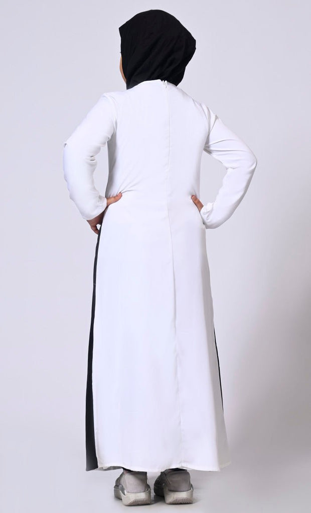 Double Layered Girl's Black Abaya with Sequined Yoke and Front Pockets - EastEssence.com
